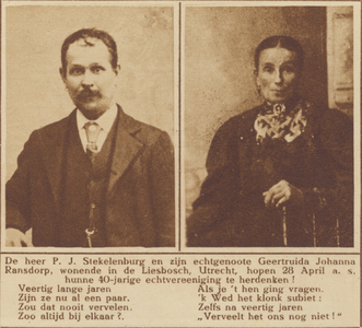 870496 Dubbelportret van het echtpaar Stekelenburg-Ransdorp (Liesbosch) te Utrecht, dat 40 jaar getrouwd is.